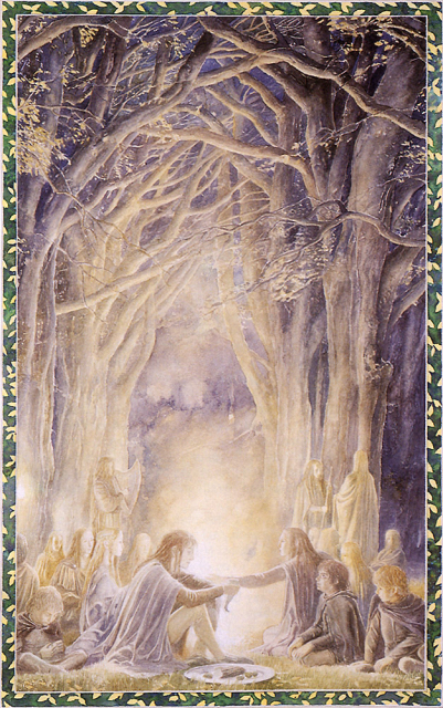 アラン・リー作画による、末つ森で出会ったギルドール一行とフロド一行